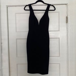 Lulus bodycon black midi dress, plunge neckline and low back, size sm or med